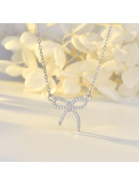Girl Hollow CZ Bow-Knot Sweet 925 Sterling Silver Necklace