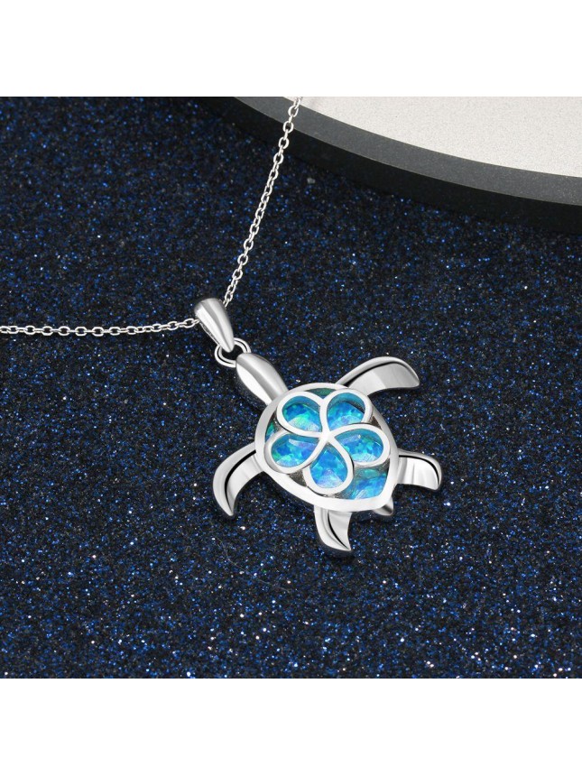 Flower On Tortoise Created Opal 925 Silver Necklace