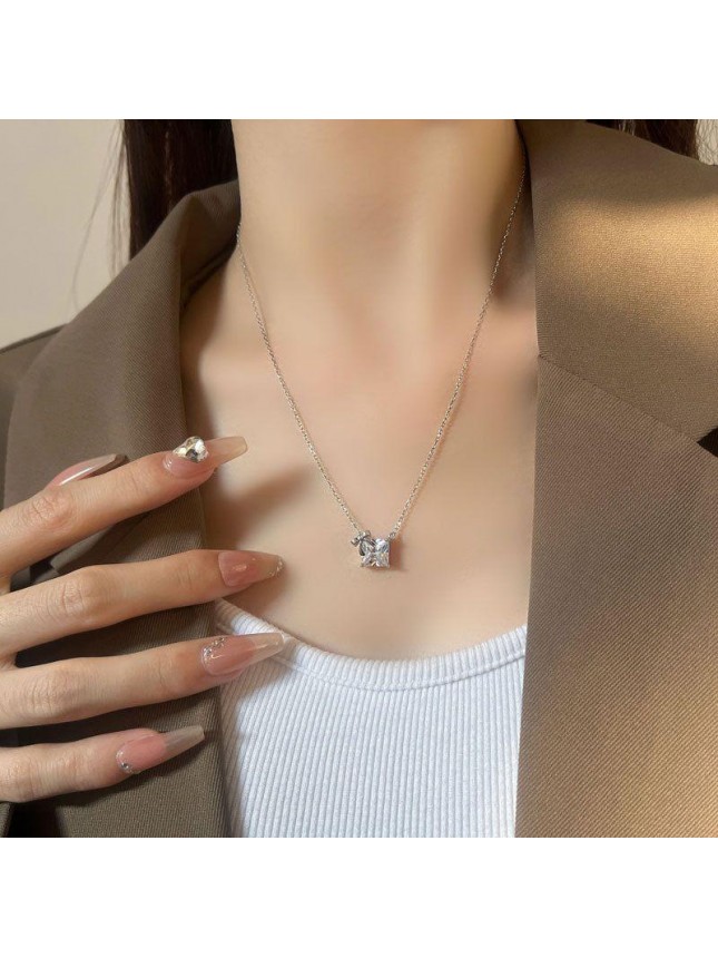 Women CZ Bow-Knot Square Geometry 925 Sterling Silver Necklace