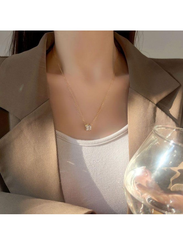 Women CZ Bow-Knot Square Geometry 925 Sterling Silver Necklace
