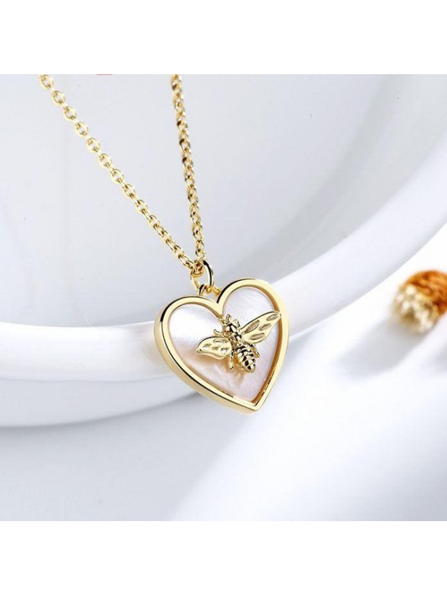 Girl Heart Mother of Pearl Honey Bee 925 Sterling Silver Necklace