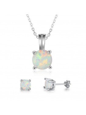 Simple Round Created Opal 925 Silver Earrings Necklace Jewelry Sets