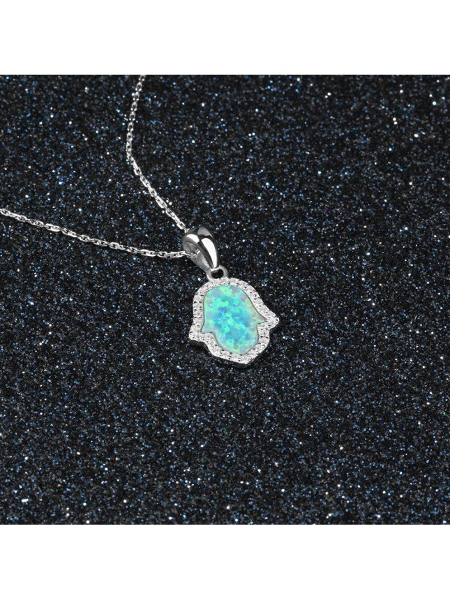 Fashion Palm Blue Created Opal Sterling Silver Necklace