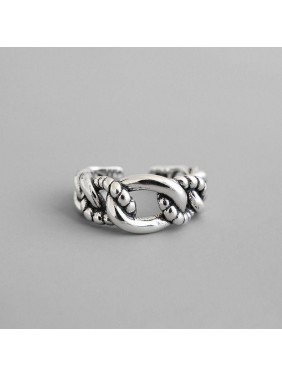Vintage Beads Border Chain Hollow 925 Sterling Silver Adjustable Ring