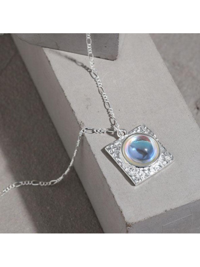 Elegant Round Created Moonstone Square 925 Sterling Silver Necklace