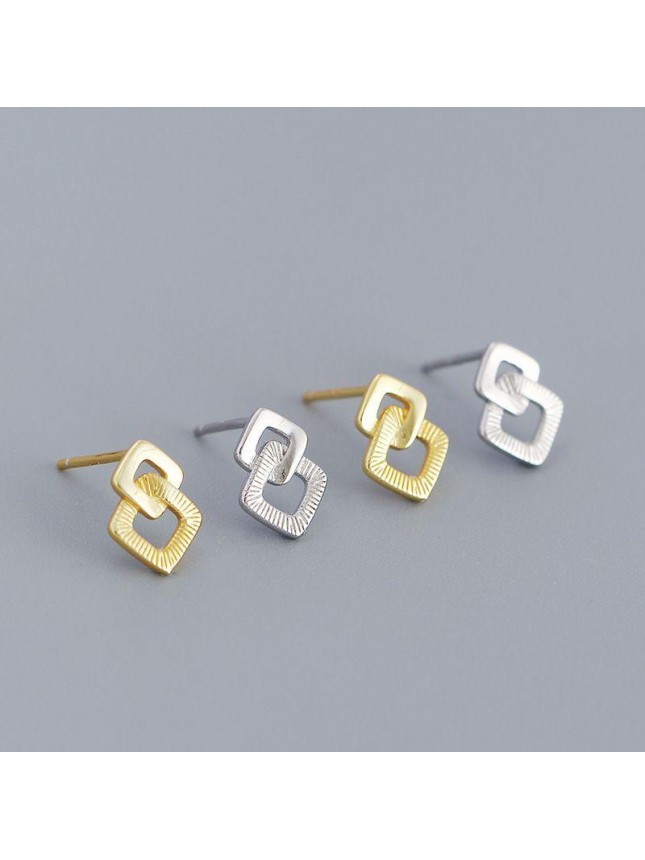 Geometry Double Hollow Square Cross 925 Sterling Silver Stud Earrings