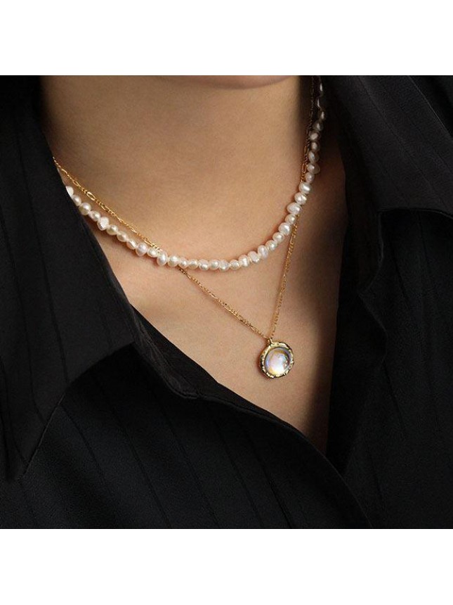 Elegant Round Created Moonstone 925 Sterling Silver Necklace