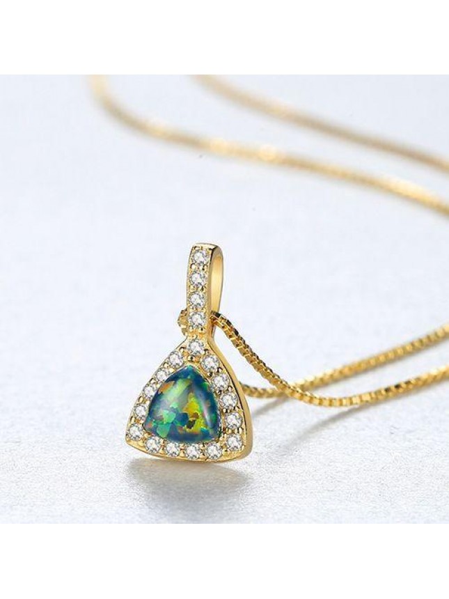Simple Triangle CZ Created Opal 925 Sterling Silver Necklace