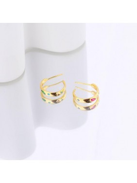 Geometry Colorful Oval Round Rectangle CZ C Shape 925 Sterling Silver Hoop Earrings