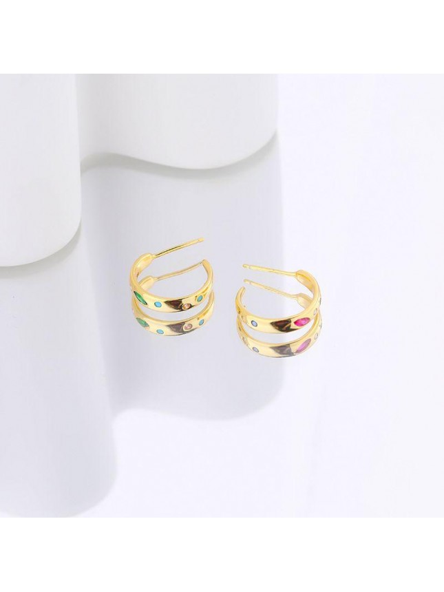 Geometry Colorful Oval Round Rectangle CZ C Shape 925 Sterling Silver Hoop Earrings