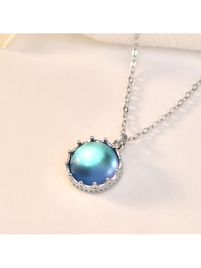 Beautiful Round Natural Moonstone Sea 925 Sterling Silver Necklace