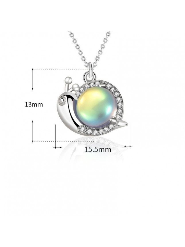 Cute Natural Moonstone Snail Animal CZ 925 Sterling Silver Necklace