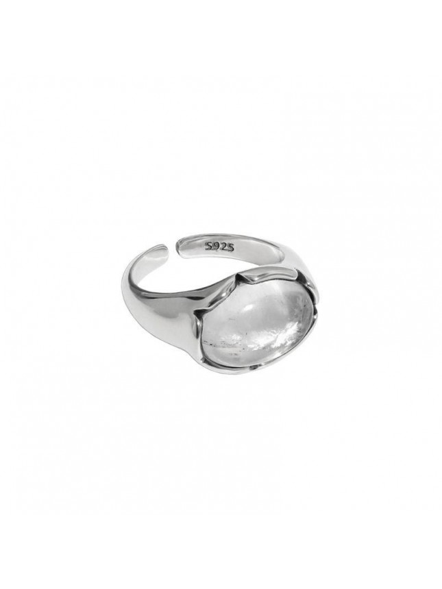Vintage Oval Natural Crystal 925 Sterling Silver Adjustable Ring