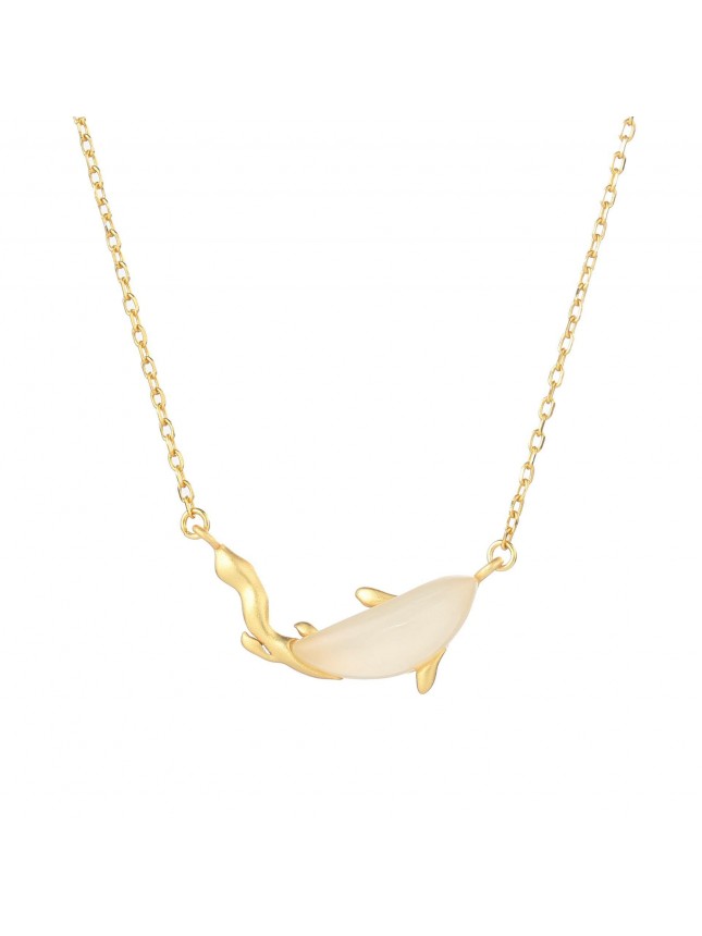 Cute Natural Nephrite Dolphin 925 Sterling Silver Necklace