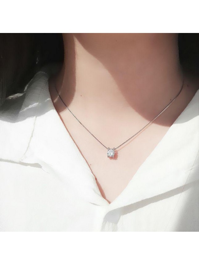 Girl Simple Four Claw Round CZ 925 Sterling Silver Necklace