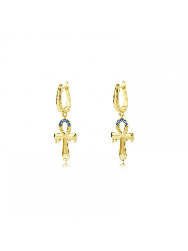 Elegant Blue CZ Hollow Cross 925 Sterling Silver Dangling Earrings