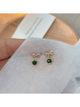 Girl Mini CZ Bow-Knot Green Beads 925 Sterling Silver Stud Earrings