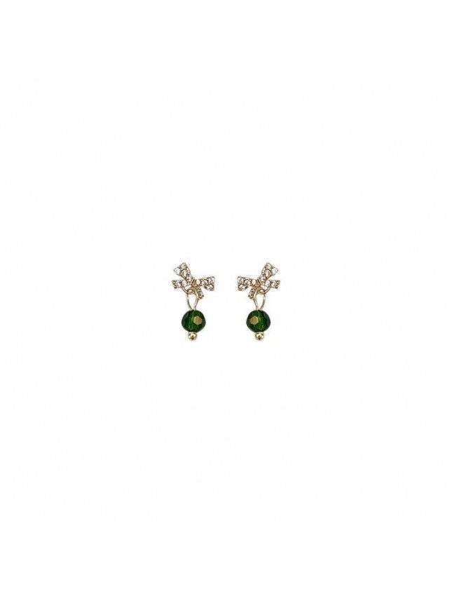 Girl Mini CZ Bow-Knot Green Beads 925 Sterling Silver Stud Earrings