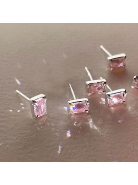 Geometry Pink Emerald CZ Cubic Suger 925 Sterling Silver Stud Earrings