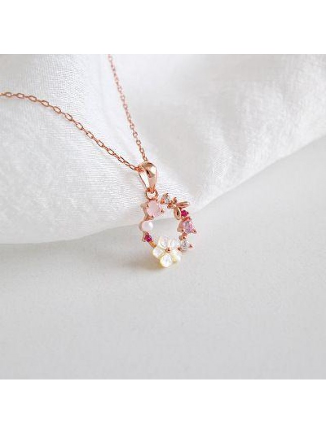 Beautiful Pink CZ White Shell Flower Garland 925 Sterling Silver Necklace