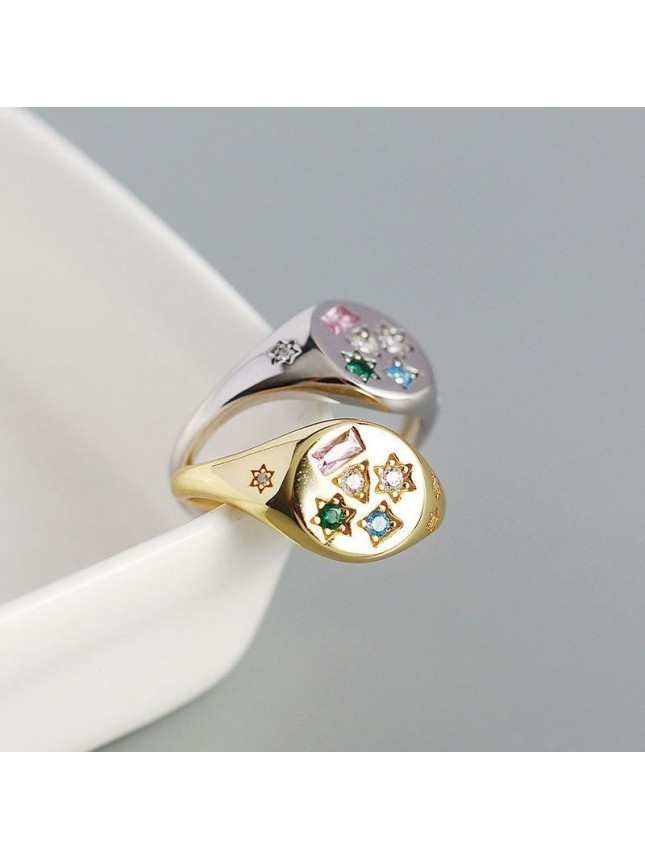 Geometry Colorful CZ Stars Rectangle 925 Sterling Silver Adjustable Ring
