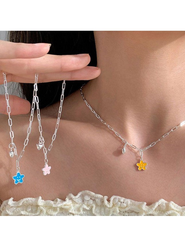 Girl Cute Pink Blue Yellow Flowers Heart 925 Sterling Silver Necklace