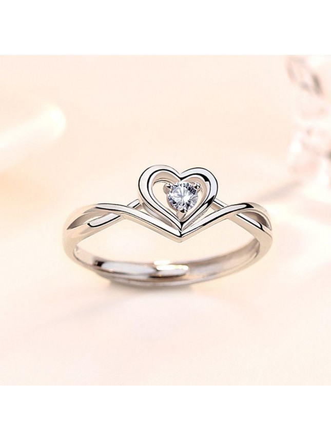 Hollow CZ Heart Love Twisted 925 Sterling Silver Adjustable Promise Ring
