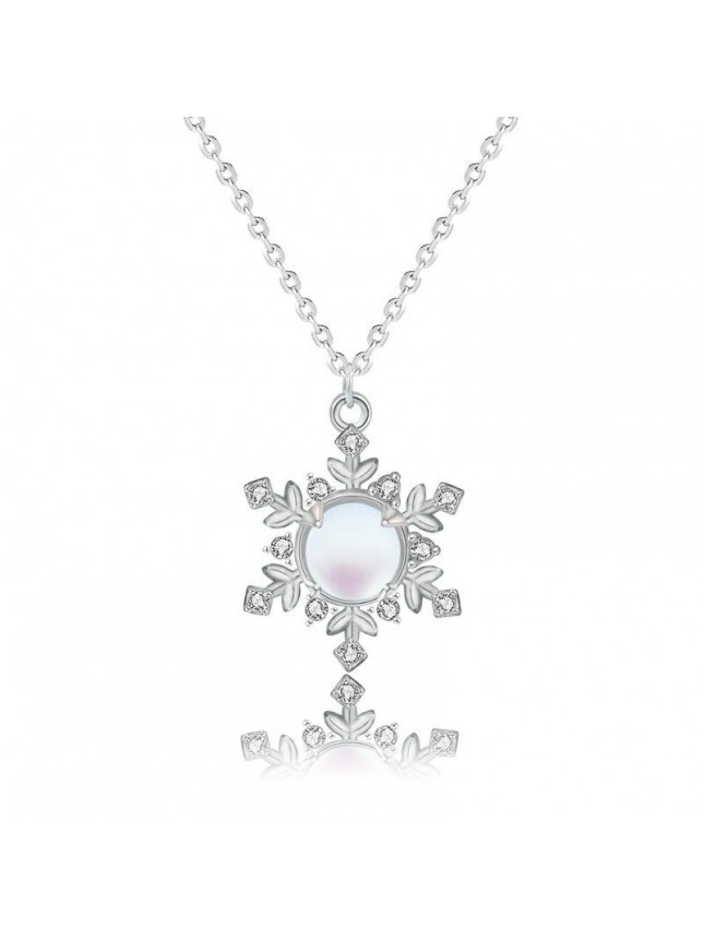 Women White Natural Moonstone CZ Snow Flake 925 Sterling Silver Necklace