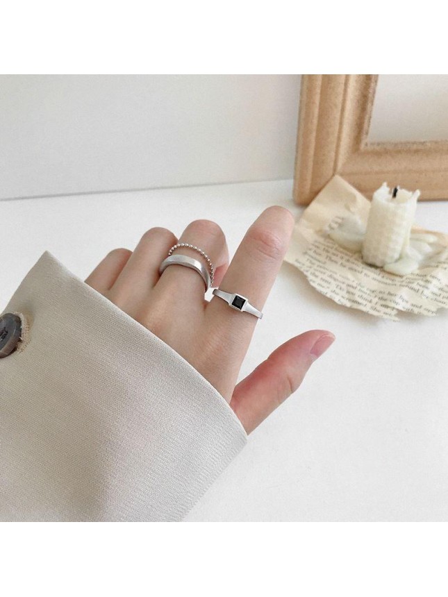 Office Black CZ Square 925 Sterling Silver Adjustable Ring