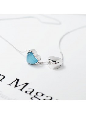 Two Hearts Blue Cats Eye Stone 925 Sterling Silver Necklace