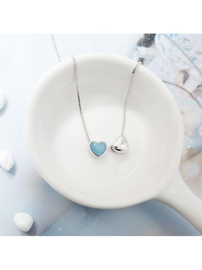 Two Hearts Blue Cats Eye Stone 925 Sterling Silver Necklace