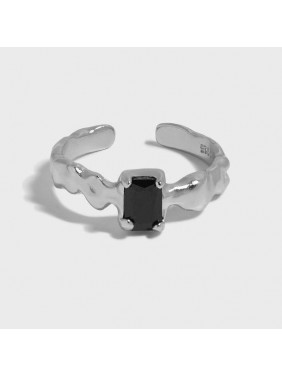 Fashion Irregular Black Geometry CZ 925 Sterling Silver Adjustable Ring
