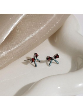 Graduation Red Blue CZ Bow Knot 925 Sterling Silver Stud Earrings