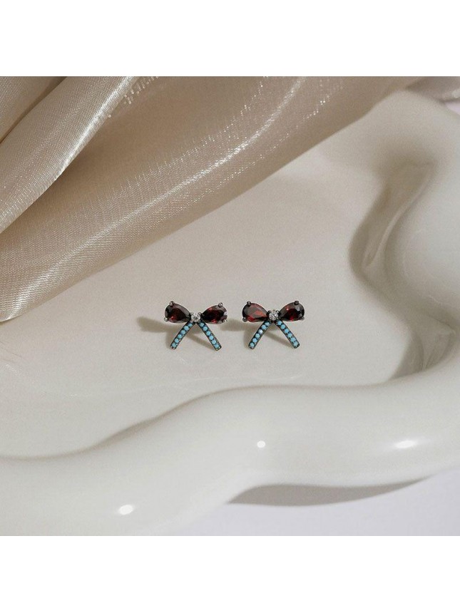 Graduation Red Blue CZ Bow Knot 925 Sterling Silver Stud Earrings