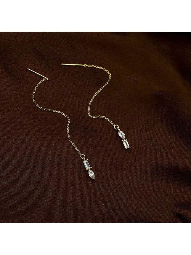Elegant CZ Rectanle Oval Tassels 925 Sterling Silver Thread Dangling Earrings