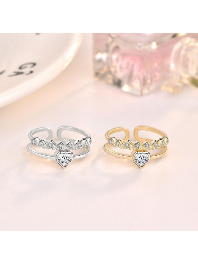Fashion Double Layer CZ Heart 925 Sterling Silver Adjustable Ring