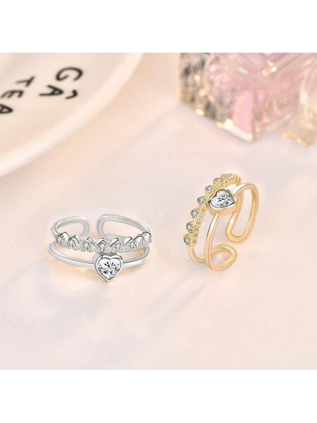 Fashion Double Layer CZ Heart 925 Sterling Silver Adjustable Ring