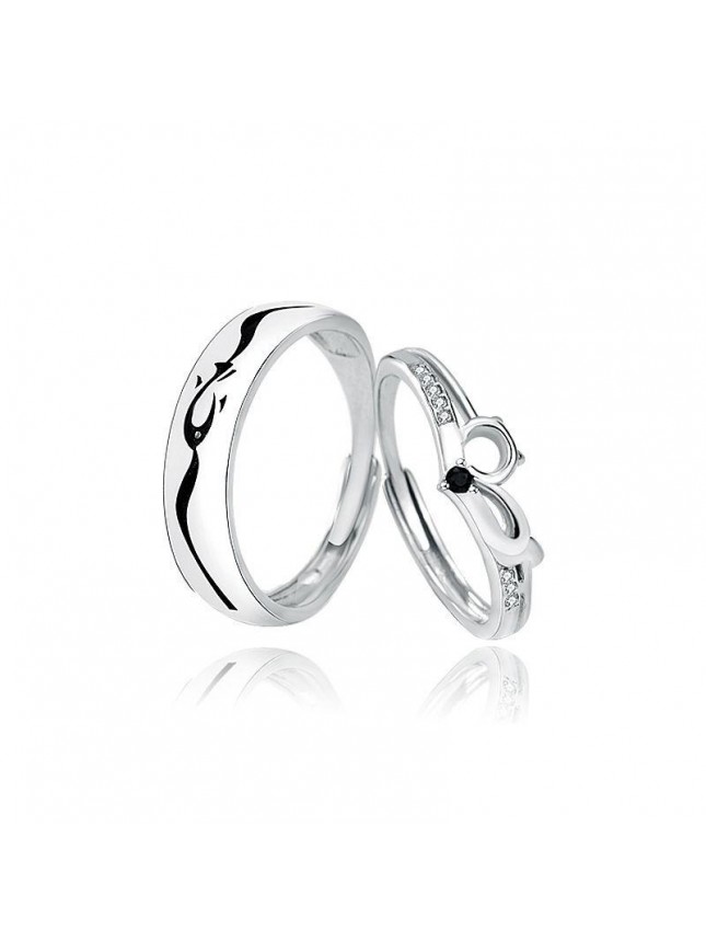 Fashion CZ Cat Love Fish 925 Sterling Silver Adjustable Promise Ring