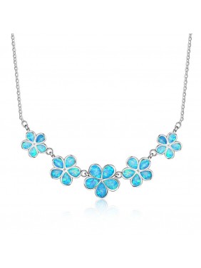 Statement Shinning Blue Five Flowers Created Opal 925 Silver Necklace