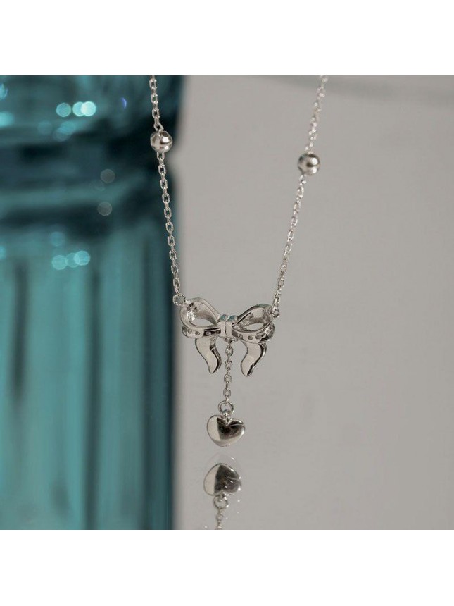 Casual Bowknot Mini Heart Drop 925 Sterling Silver Necklace