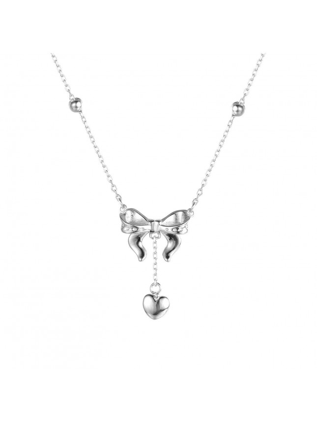 Casual Bowknot Mini Heart Drop 925 Sterling Silver Necklace