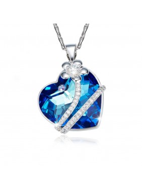 Fashion Blue Austrian Crystal 925 Sterling Silver Bijou Flower Necklace