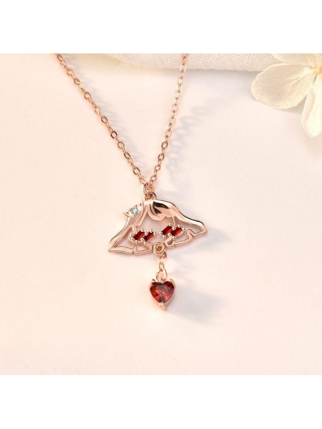 Sweet Red CZ Shy Girl Heart 925 Sterling Silver Necklace