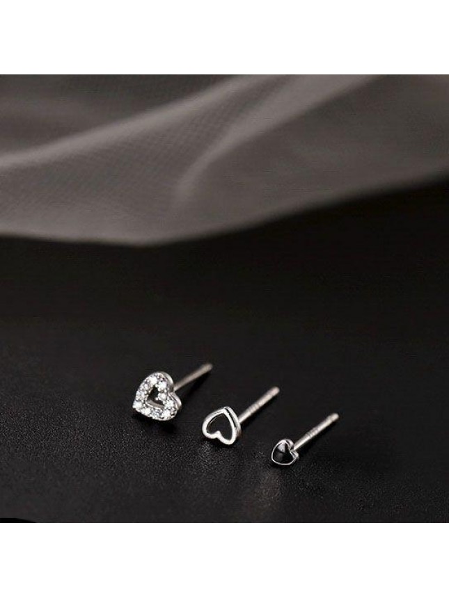 Six Cute Mini CZ Hollow Hearts 925 Sterling Silver Stud Earrings Set