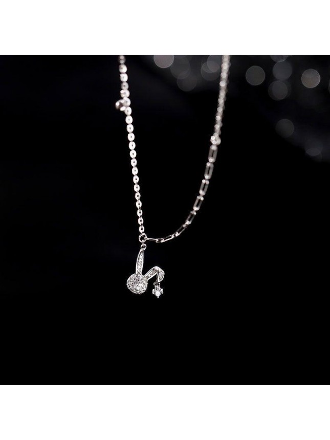 Cute CZ Animal Rabbit Head 925 Sterling Silver Necklace