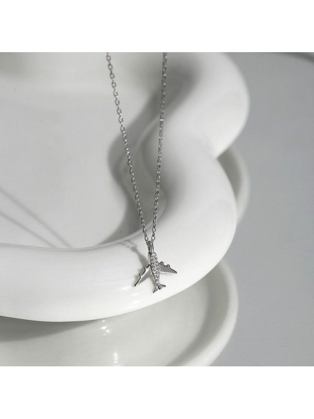 Gift CZ Airplane 925 Sterling Silver Necklace
