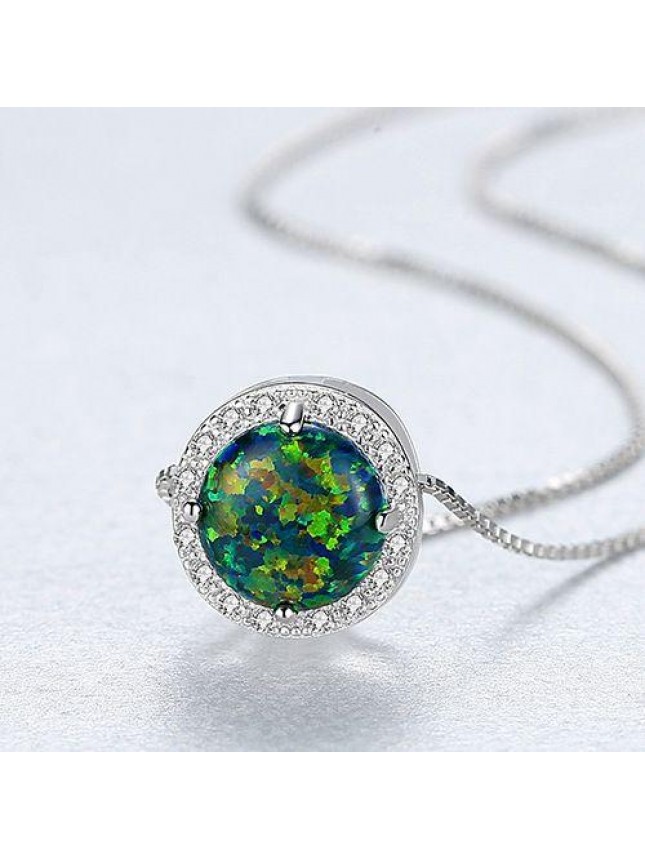 Simple Round CZ Created Opal 925 Sterling Silver Necklace