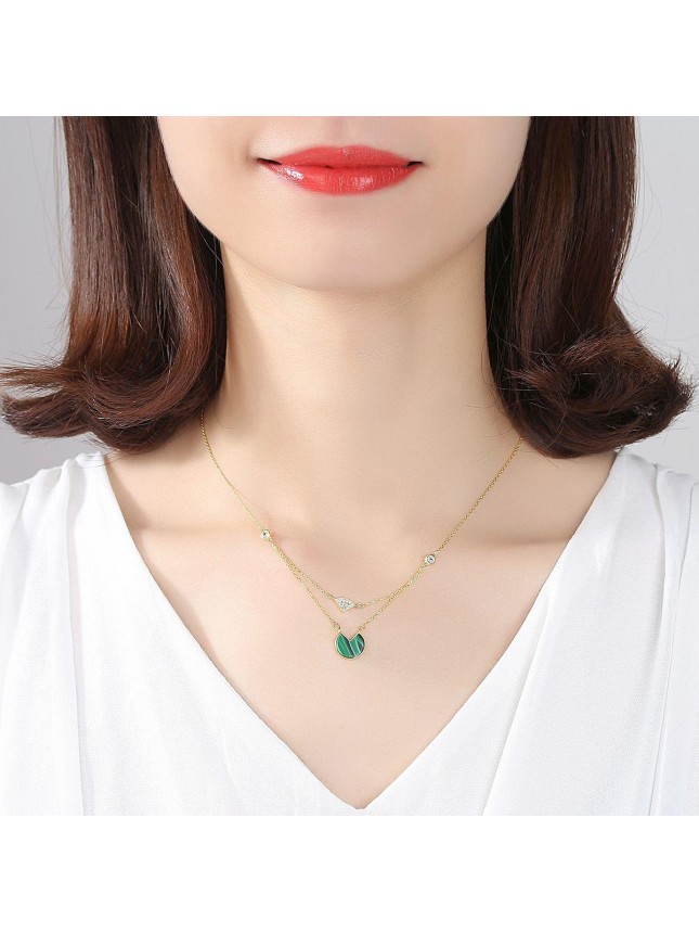 Elegant Double Layer Created Malachite CZ 925 Sterling Silver Necklace