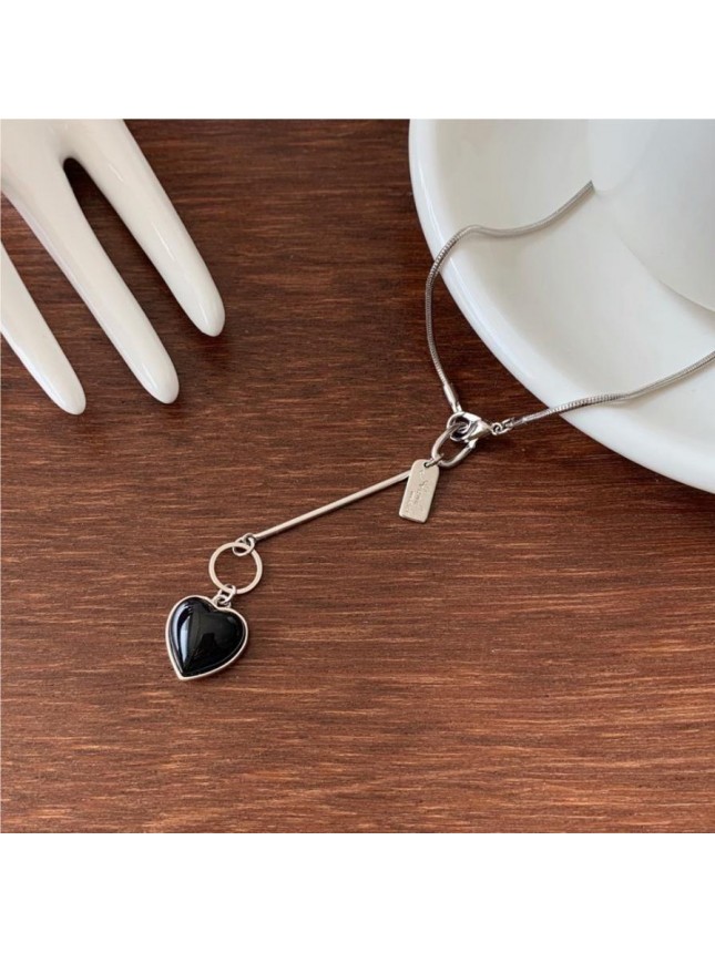 Office Black Epoxy Heart Love Promise 925 Sterling Silver Necklace