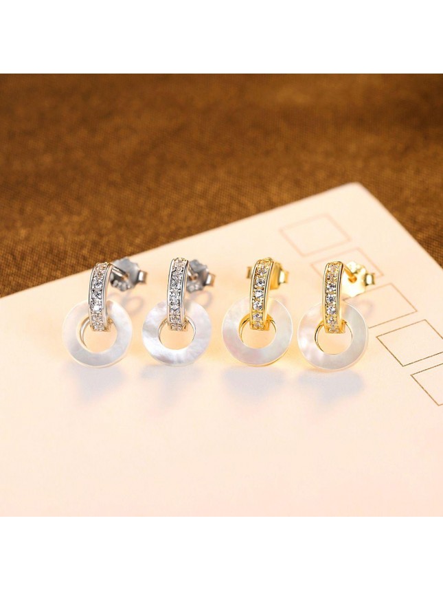 Classic Round Shell Circle CZ 925 Sterling Silver Stud Earrings